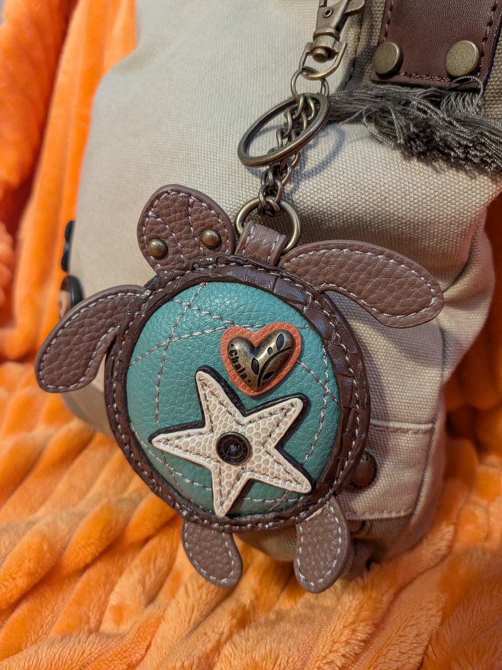Chala Beige and Brown Crossbody Shoulder Bag with Turtle Charm - Picture 3 of 8